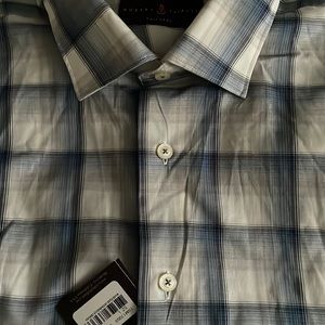 Robert Talbott Tailored Fit Large White Blue Plaid Long Sleeve Shirt. 17” Collar